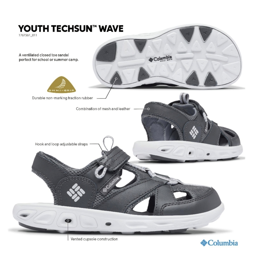Columbia Techsun Wave Boys' Water-Resistant Fisherman Sandals size 6 black grey